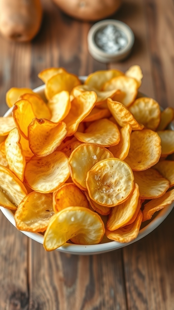 A bowl of golden homemade potato chips with a sprinkle of salt on a wooden table.